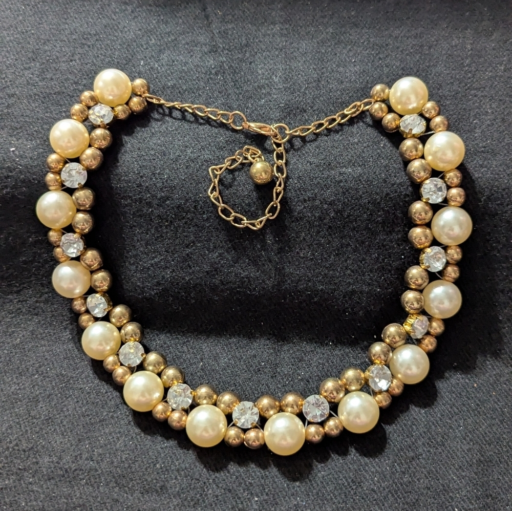 Gold Tone Clear Rhinestone White Faux Pearl Beaded Statement Necklace